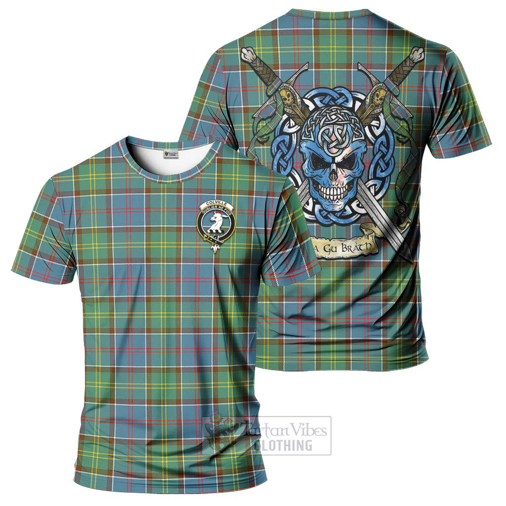 Tartan Vibes Clothing Colville Tartan T-Shirt with Family Crest Celtic Skull Style