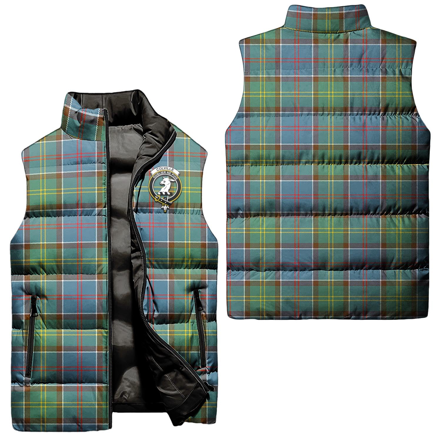 Colville Tartan Sleeveless Puffer Jacket with Family Crest Unisex - Tartanvibesclothing