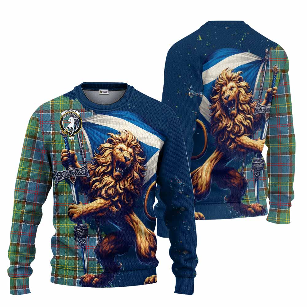 Tartan Vibes Clothing Colville Tartan Family Crest Knitted Sweater with Scottish Majestic Lion