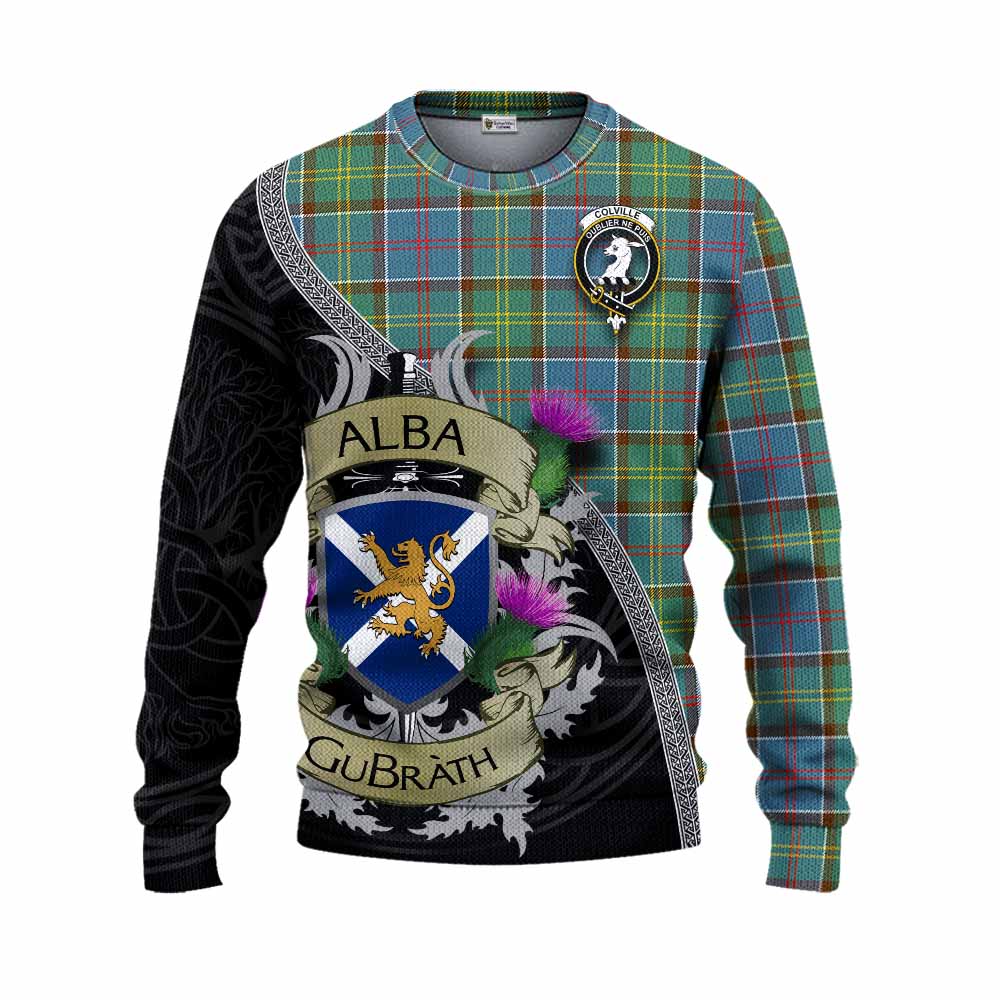 Tartan Vibes Clothing Colville Tartan Family Crest Knitted Sweater Lion Rampant Royal Thistle Shield Celtic Inspired