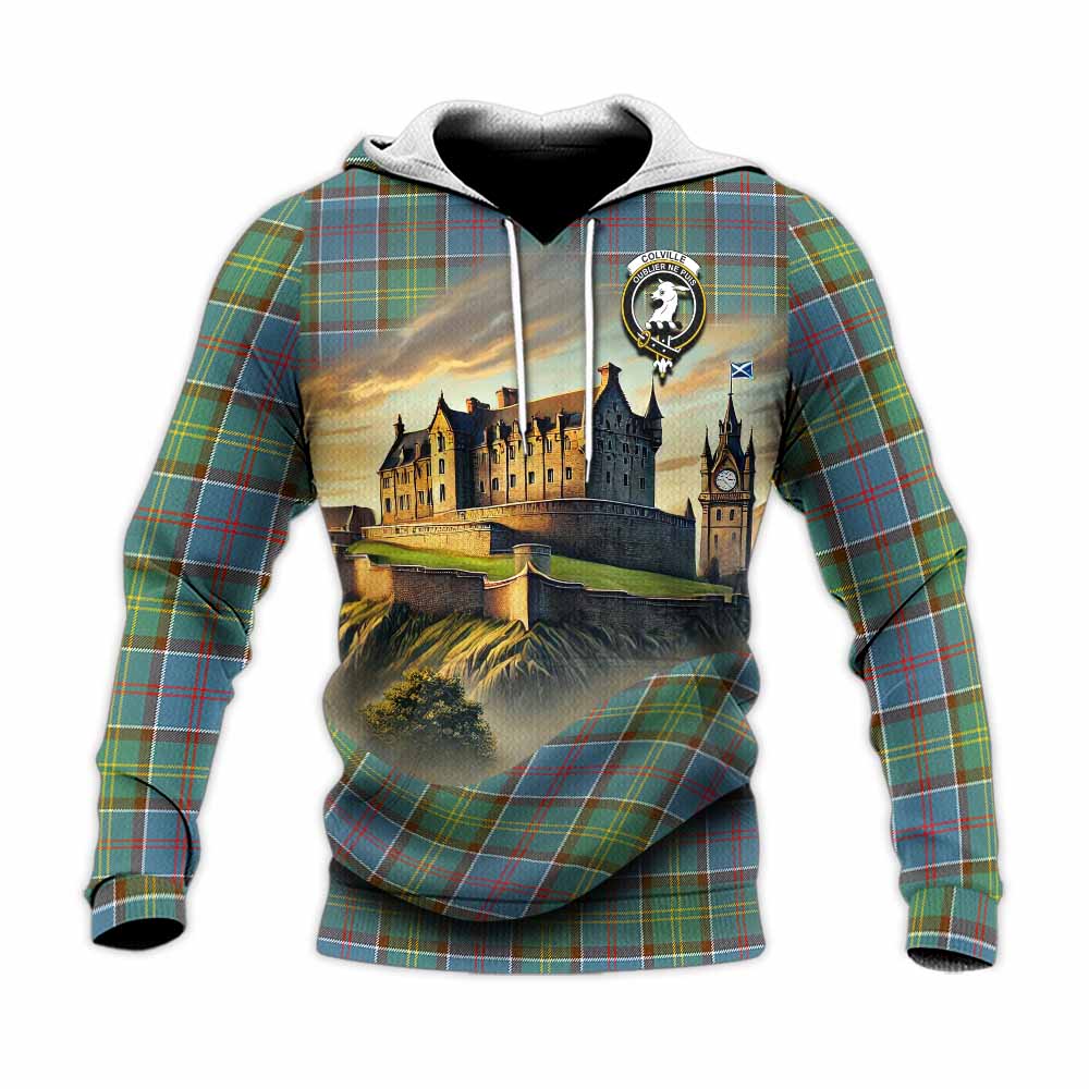 Tartan Vibes Clothing Colville Tartan Family Crest Knitted Hoodie with Scottish Ancient Castle Style