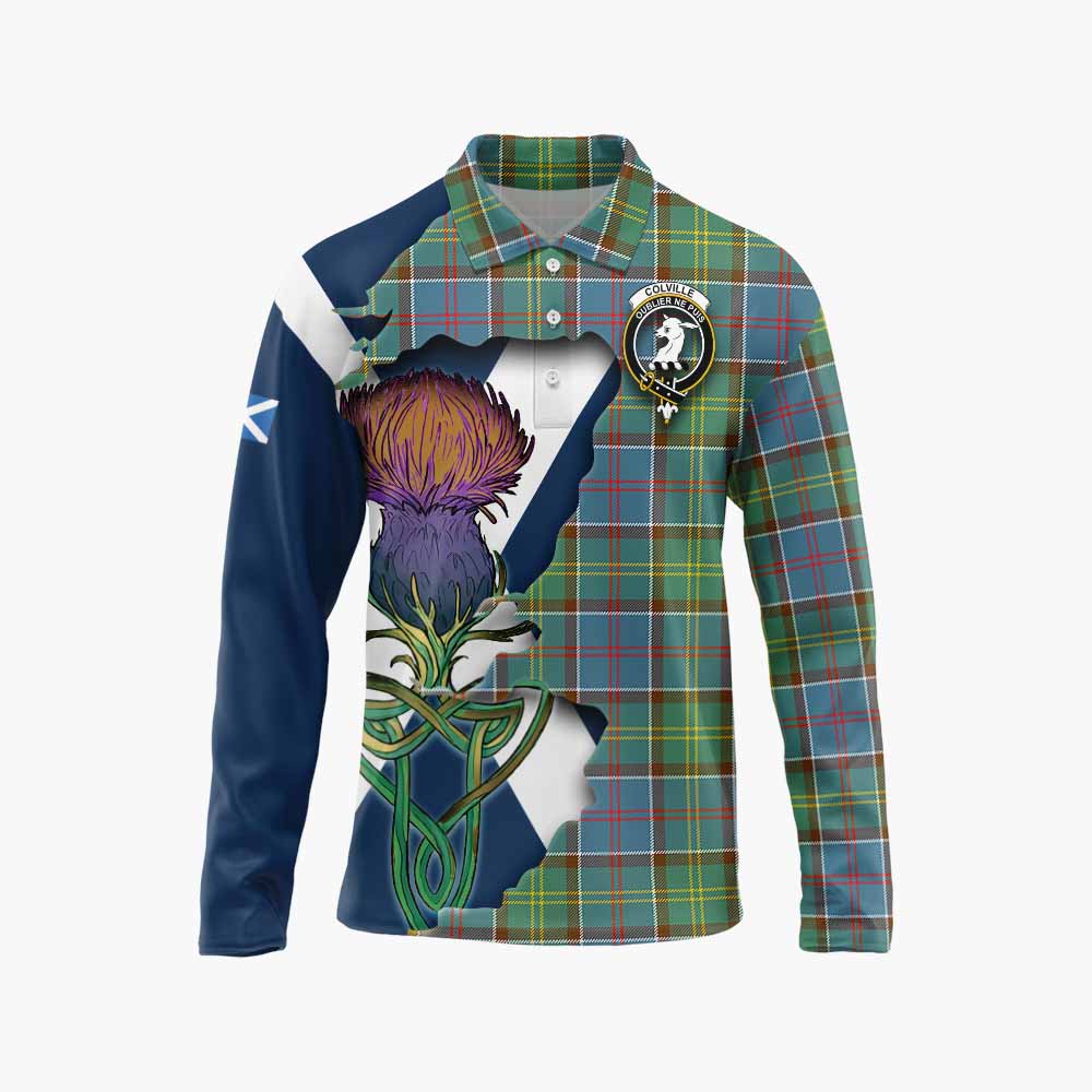 Tartan Vibes Clothing Colville Tartan Family Crest Long Sleeve Polo Shirt Scottish Thistle Celtic Inspired