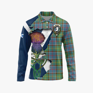 Tartan Vibes Clothing Colville Tartan Family Crest Long Sleeve Polo Shirt Scottish Thistle Celtic Inspired