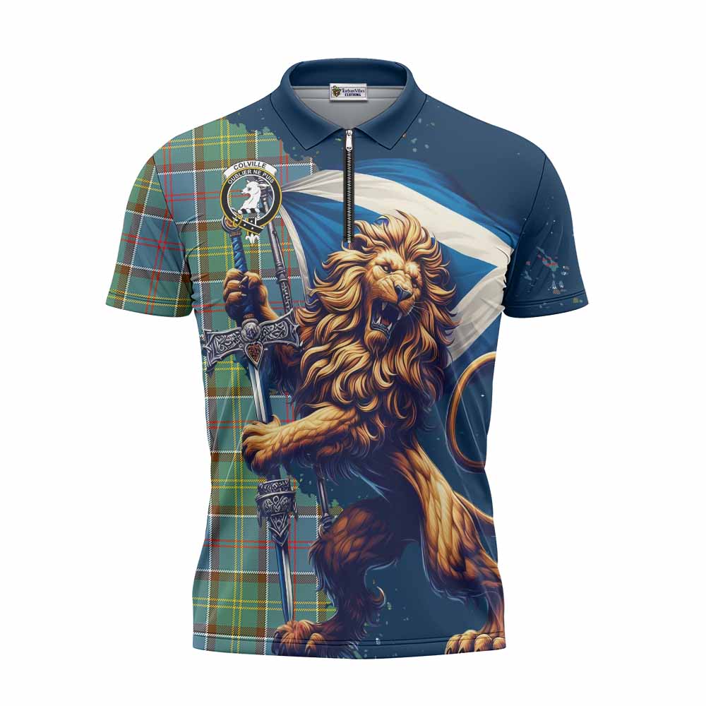 Tartan Vibes Clothing Colville Tartan Family Crest Zipper Polo Shirt with Scottish Majestic Lion
