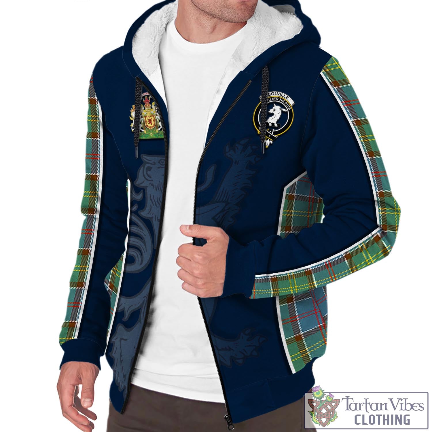 Tartan Vibes Clothing Colville Tartan Sherpa Hoodie with Family Crest and Lion Rampant Vibes Sport Style