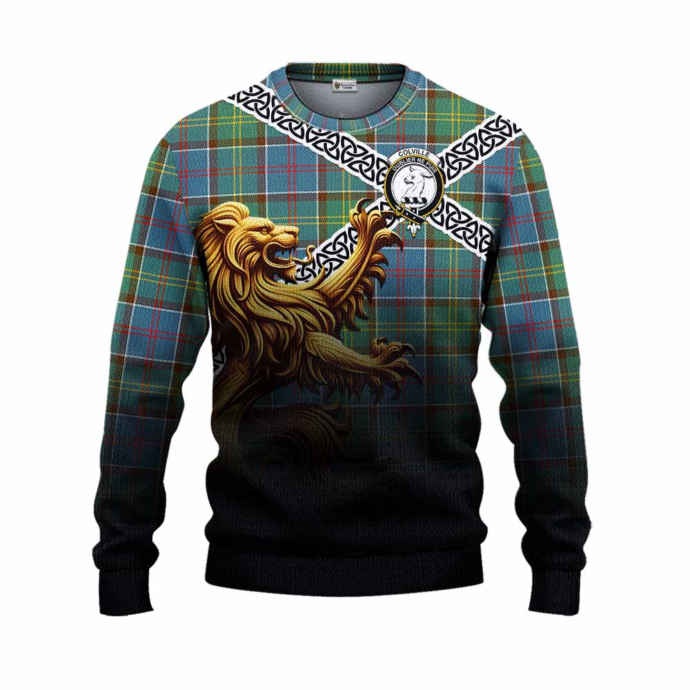 Tartan Vibes Clothing Colville Crest Tartan Knitted Sweater with Golden Lion Emblem Celtic Style