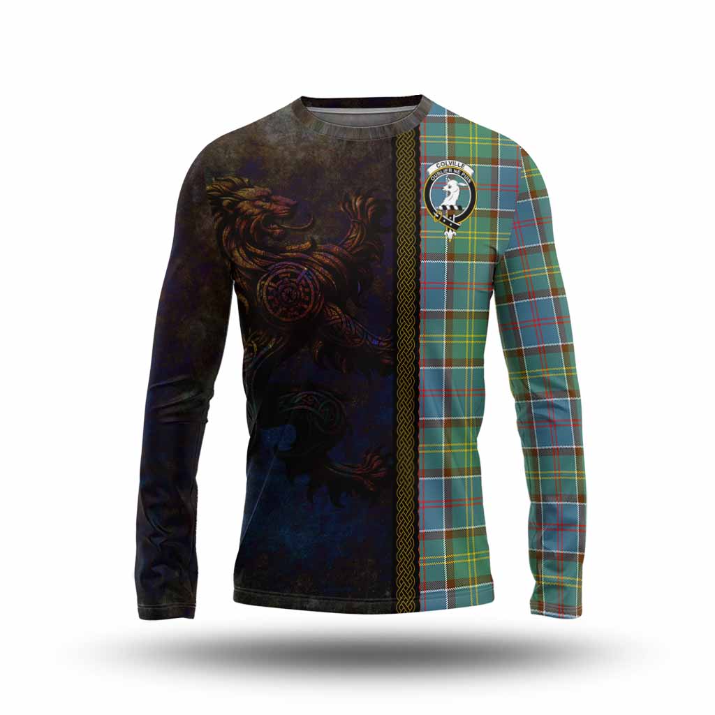 Tartan Vibes Clothing Colville Tartan Family Crest Long Sleeve T-Shirt Alba Gu Brath Be Brave Lion Ancient Style