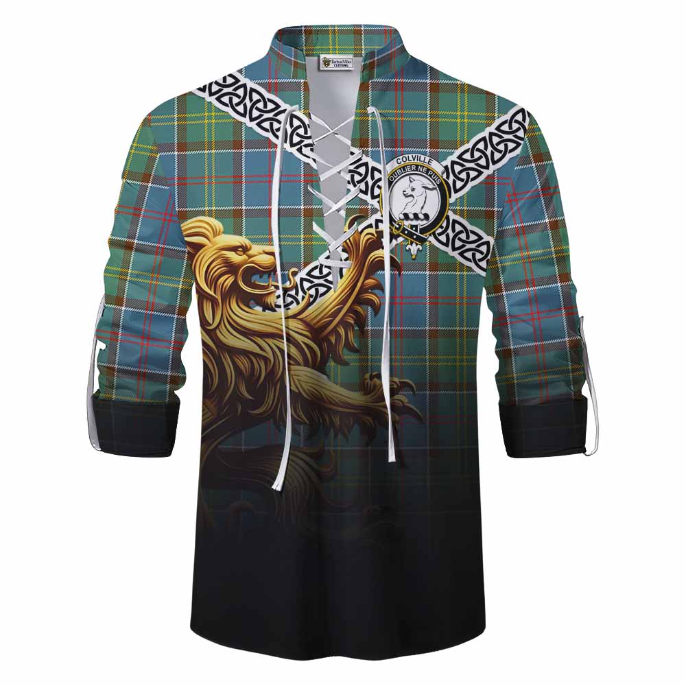 Tartan Vibes Clothing Colville Crest Tartan Ghillie Kilt Shirt with Golden Lion Emblem Celtic Style