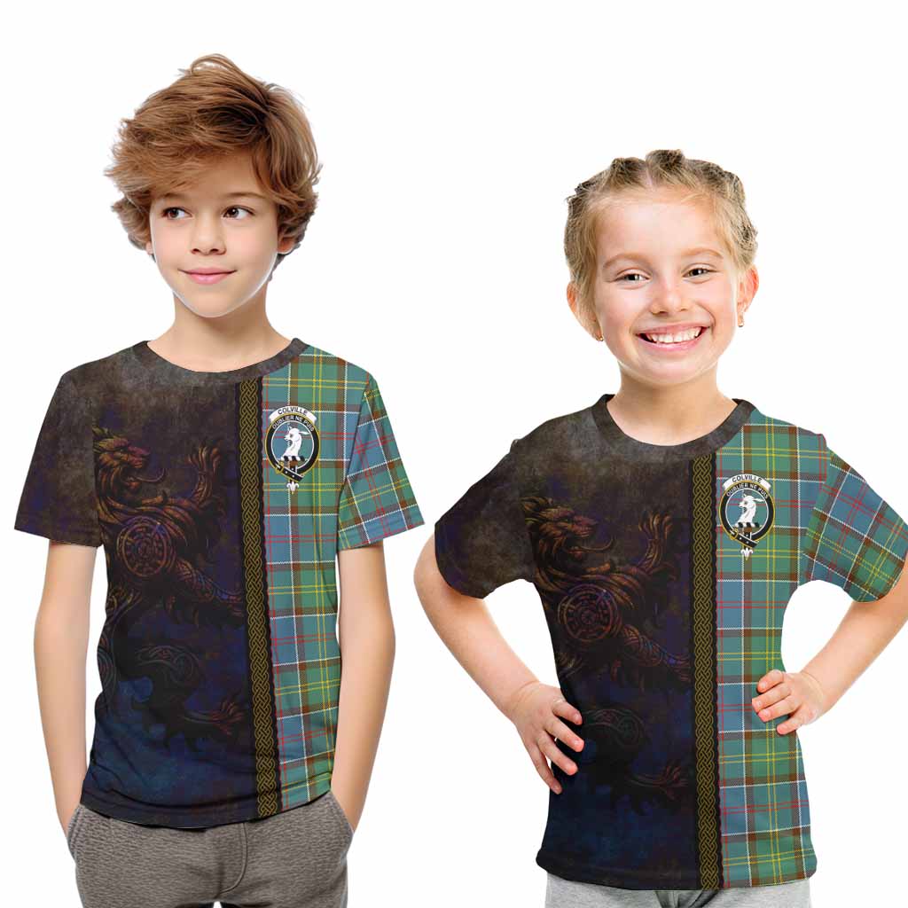 Tartan Vibes Clothing Colville Tartan Family Crest Kid T-Shirt Alba Gu Brath Be Brave Lion Ancient Style