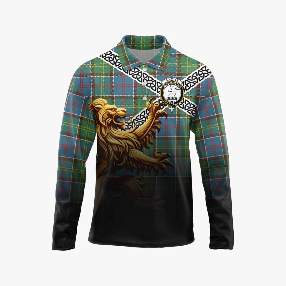 Tartan Vibes Clothing Colville Crest Tartan Long Sleeve Polo Shirt with Golden Lion Emblem Celtic Style