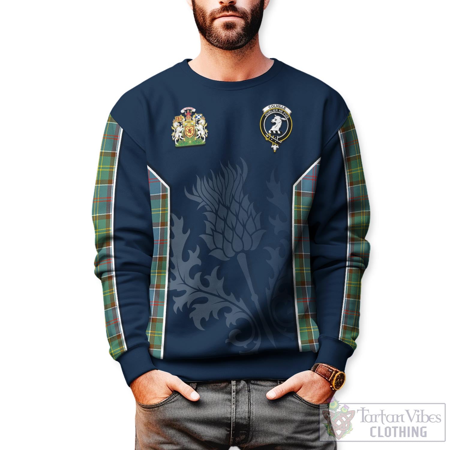 Tartan Vibes Clothing Colville Tartan Sweatshirt with Family Crest and Scottish Thistle Vibes Sport Style
