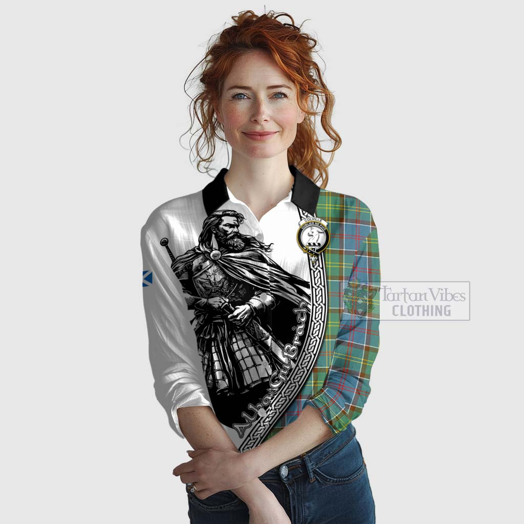 Tartan Vibes Clothing Colville Tartan Clan Crest Women's Casual Shirt with Highlander Warrior Celtic Style
