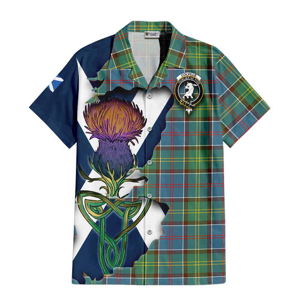 Tartan Vibes Clothing Colville Tartan Family Crest Short Sleeve Button Shirt Scottish Thistle Celtic Inspired