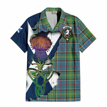 Tartan Vibes Clothing Colville Tartan Family Crest Short Sleeve Button Shirt Scottish Thistle Celtic Inspired