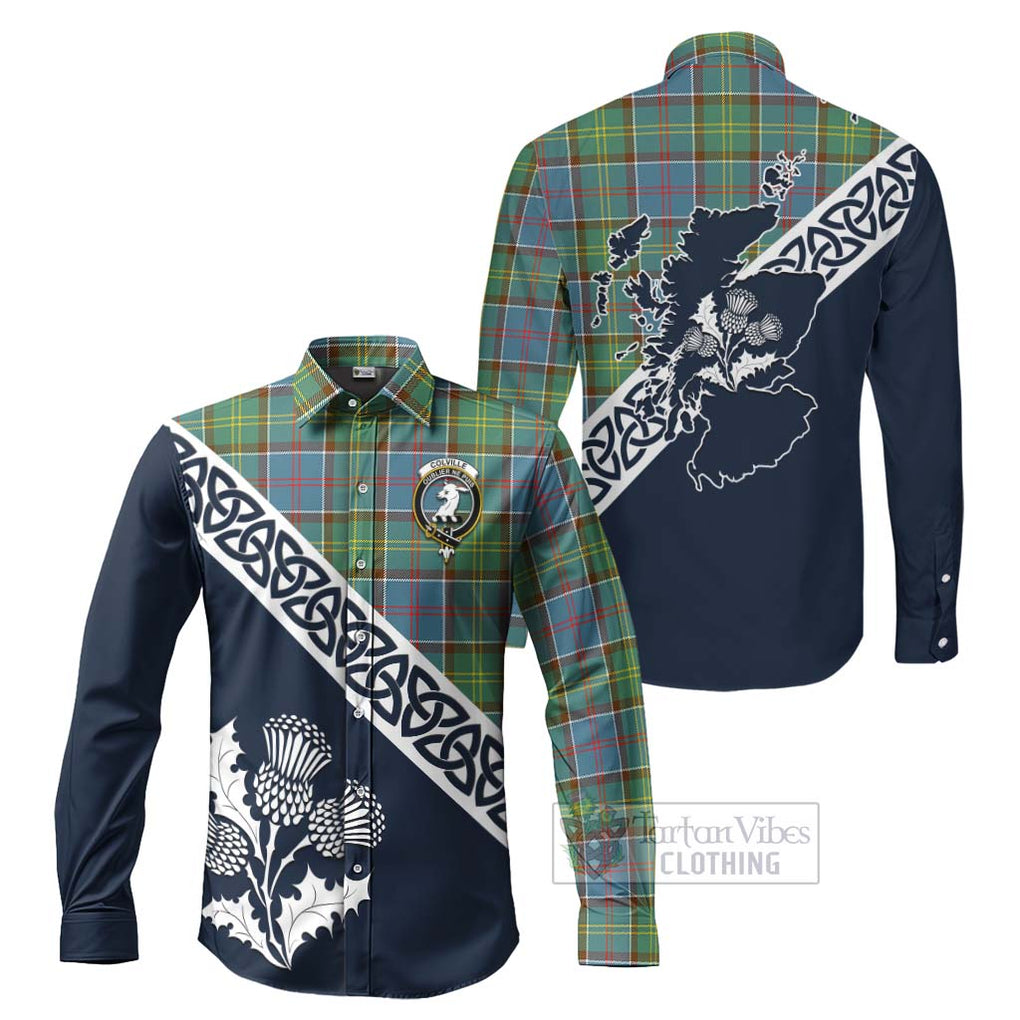 Tartan Vibes Clothing Colville Tartan Long Sleeve Button Shirt Featuring Thistle and Scotland Map