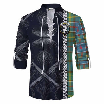 Tartan Vibes Clothing Colville Tartan Ghillie Kilt Shirt with Family Crest Cross Sword Thistle Celtic Vibes