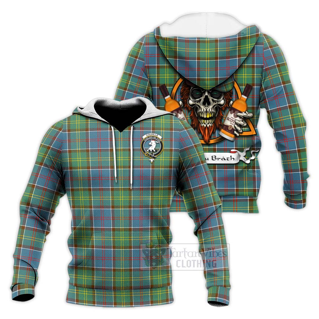 Tartan Vibes Clothing Colville Tartan Knitted Hoodie with Family Crest and Bearded Skull Holding Bottles of Whiskey