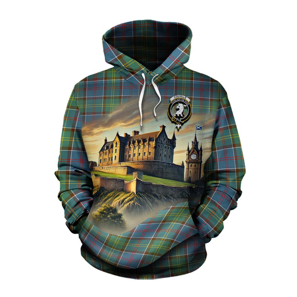 Tartan Vibes Clothing Colville Tartan Family Crest Cotton Hoodie with Scottish Ancient Castle Style