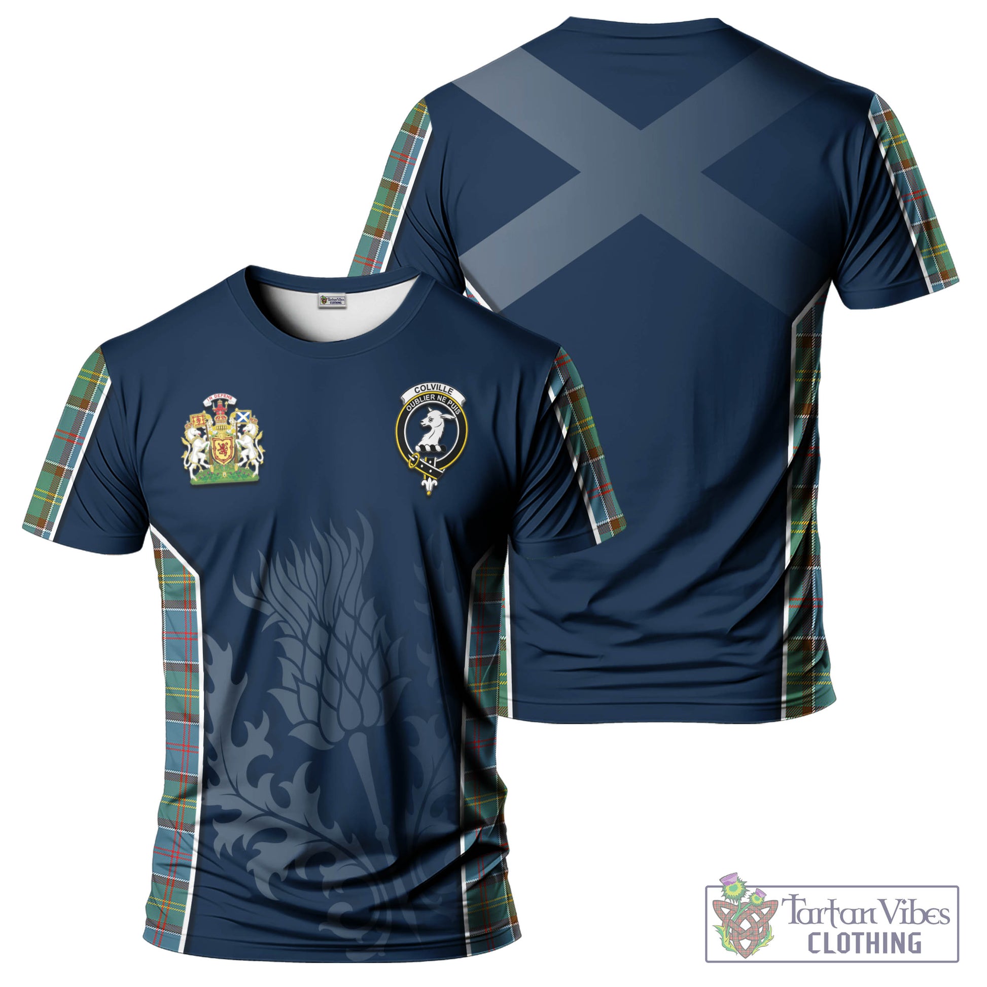Tartan Vibes Clothing Colville Tartan T-Shirt with Family Crest and Scottish Thistle Vibes Sport Style