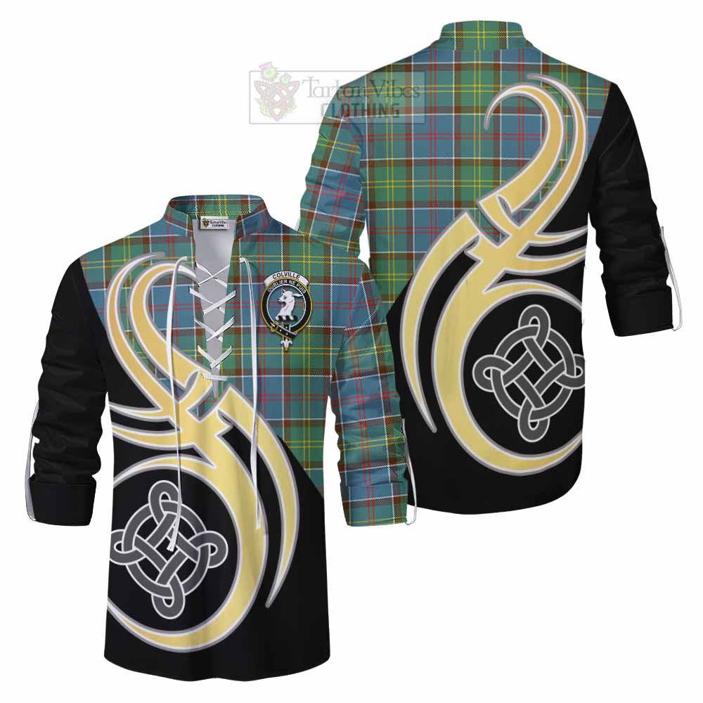 Tartan Vibes Clothing Colville Tartan Ghillie Kilt Shirt with Family Crest and Celtic Symbol Style