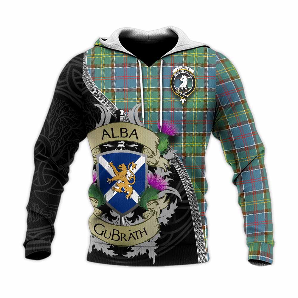 Tartan Vibes Clothing Colville Tartan Family Crest Knitted Hoodie Lion Rampant Royal Thistle Shield Celtic Inspired