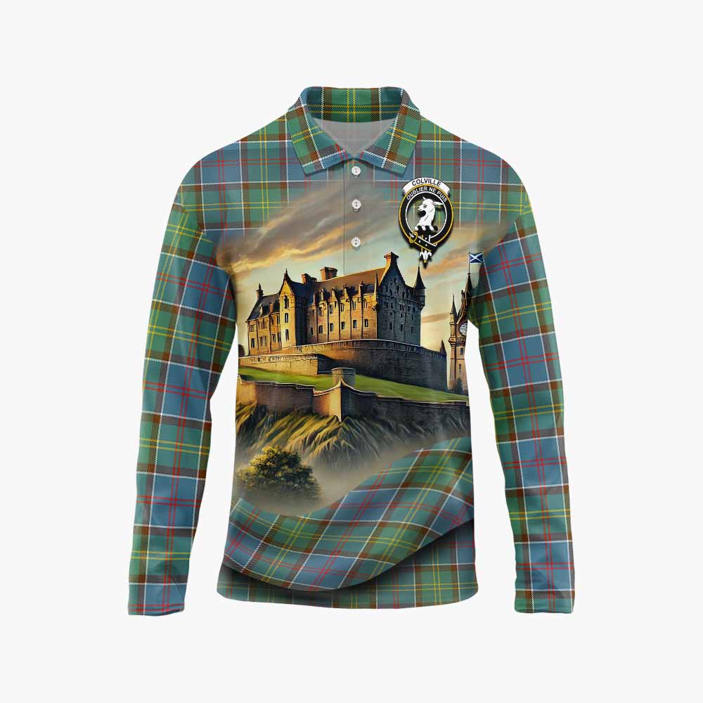Tartan Vibes Clothing Colville Tartan Family Crest Long Sleeve Polo Shirt with Scottish Ancient Castle Style