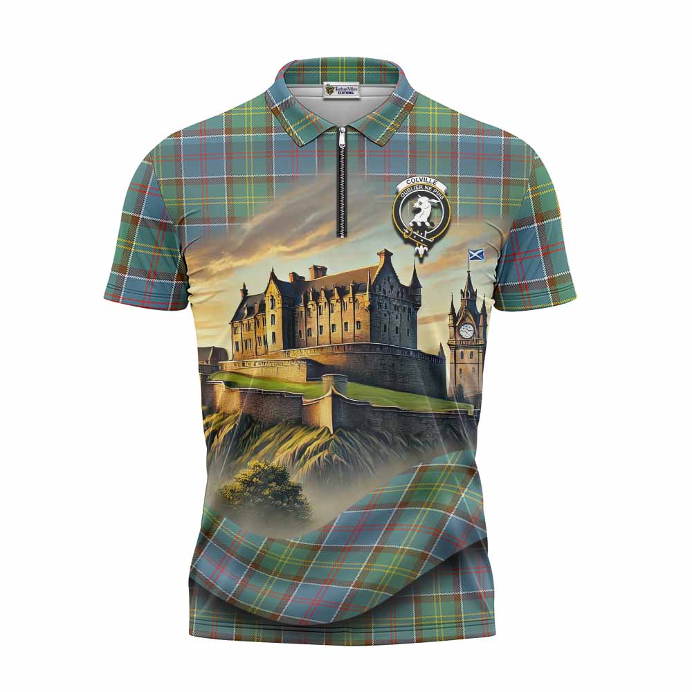 Tartan Vibes Clothing Colville Tartan Family Crest Zipper Polo Shirt with Scottish Ancient Castle Stype