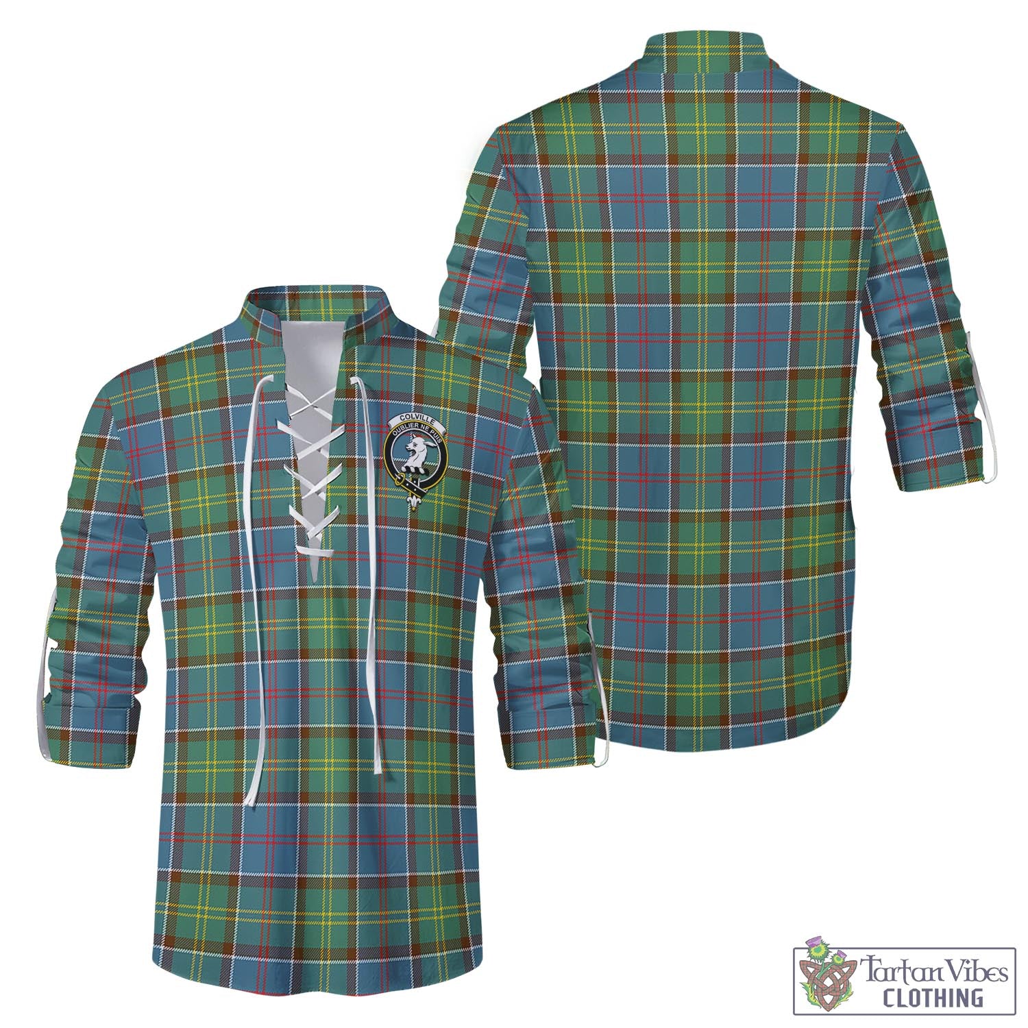 Tartan Vibes Clothing Colville Tartan Men's Scottish Traditional Jacobite Ghillie Kilt Shirt with Family Crest