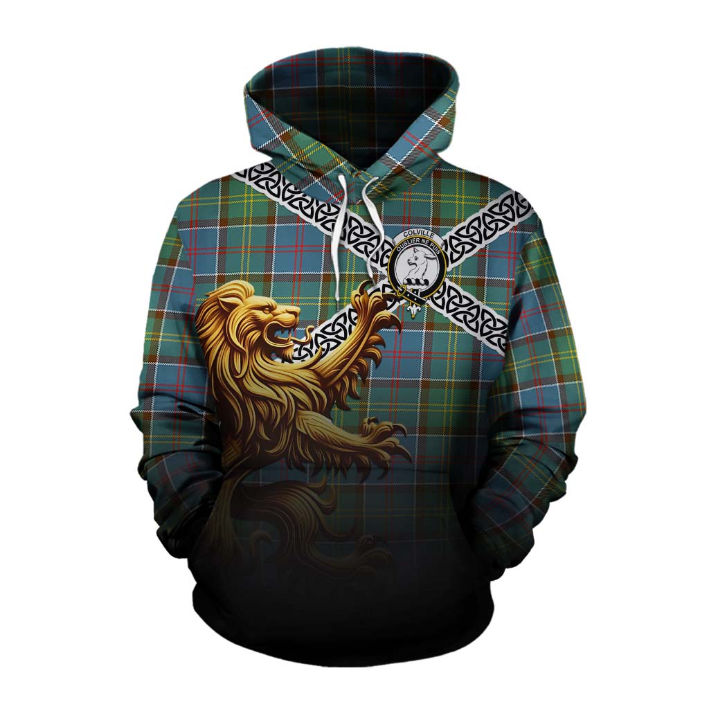 Tartan Vibes Clothing Colville Crest Tartan Cotton Hoodie with Golden Lion Emblem Celtic Style