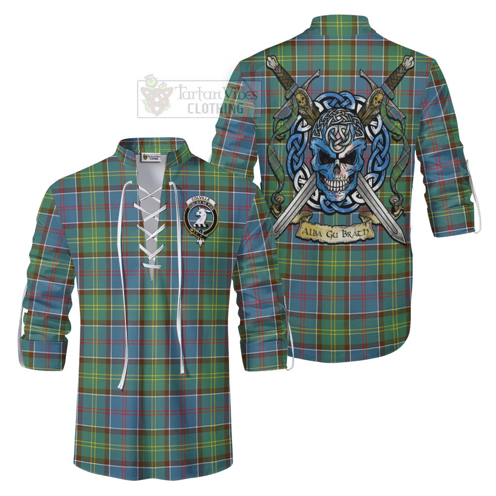 Tartan Vibes Clothing Colville Tartan Ghillie Kilt Shirt with Family Crest Celtic Skull Style