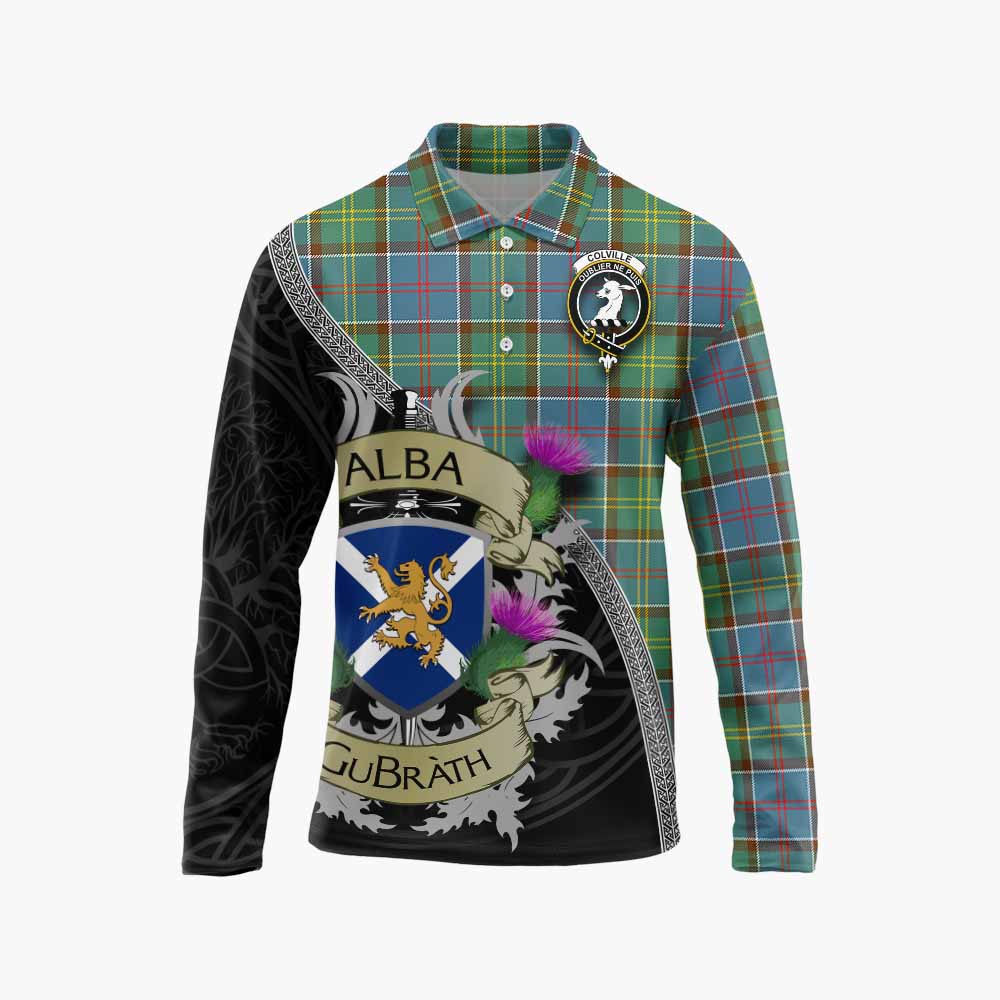 Tartan Vibes Clothing Colville Tartan Family Crest Long Sleeve Polo Shirt Lion Rampant Royal Thistle Shield Celtic Inspired