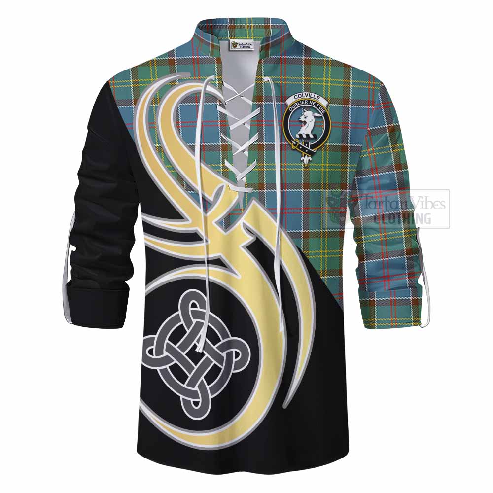 Tartan Vibes Clothing Colville Tartan Ghillie Kilt Shirt with Family Crest and Celtic Symbol Style