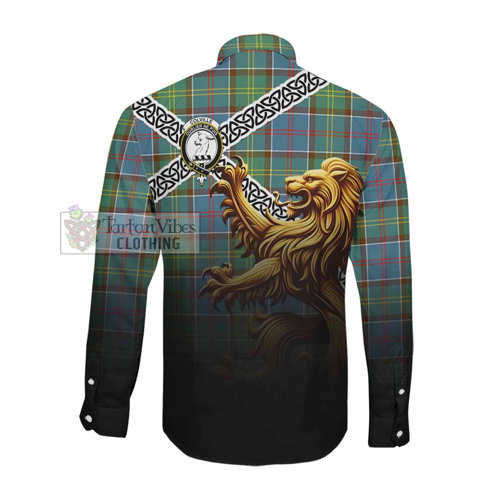 Tartan Vibes Clothing Colville Crest Tartan Long Sleeve Button Shirt with Golden Lion Emblem Celtic Style