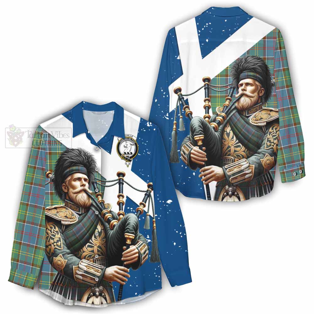 Tartan Vibes Clothing Colville Tartan Women's Casual Shirt with Family Crest Scottish Bagpiper Vibes