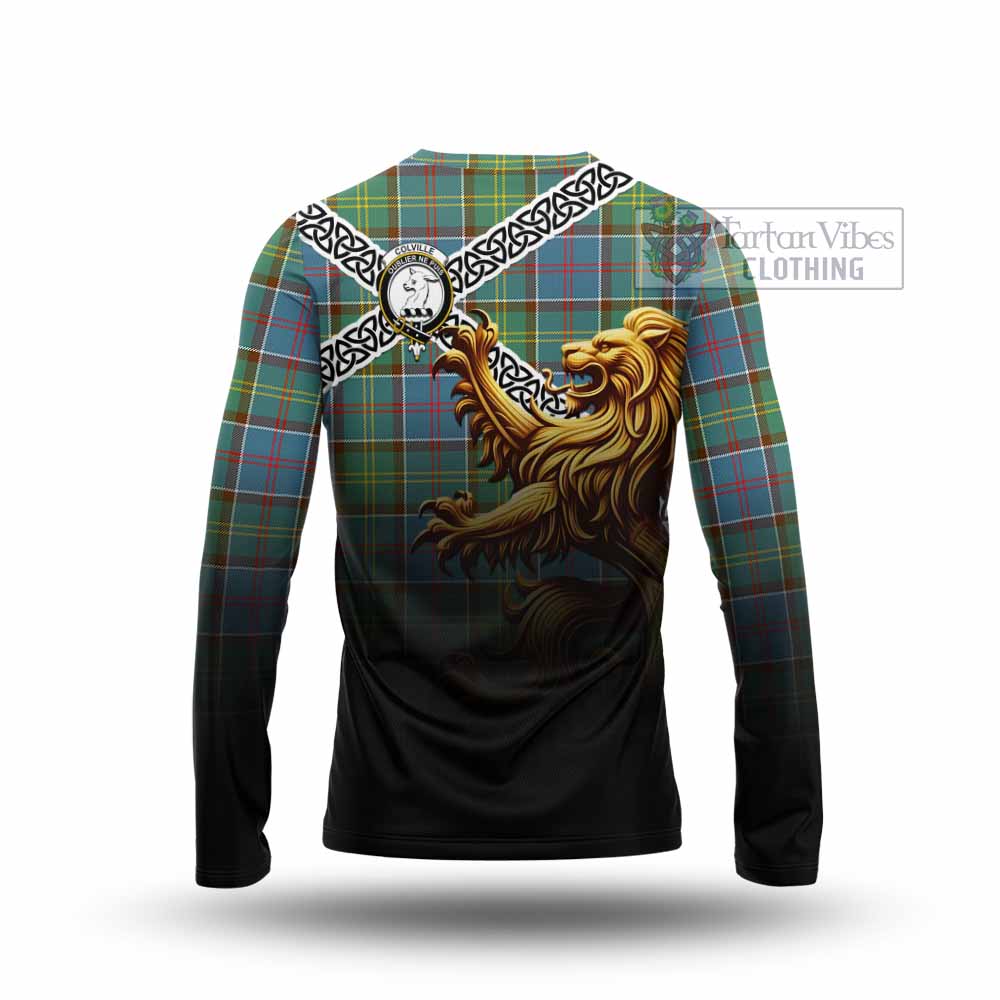 Tartan Vibes Clothing Colville Crest Tartan Long Sleeve T-Shirt with Golden Lion Emblem Celtic Style
