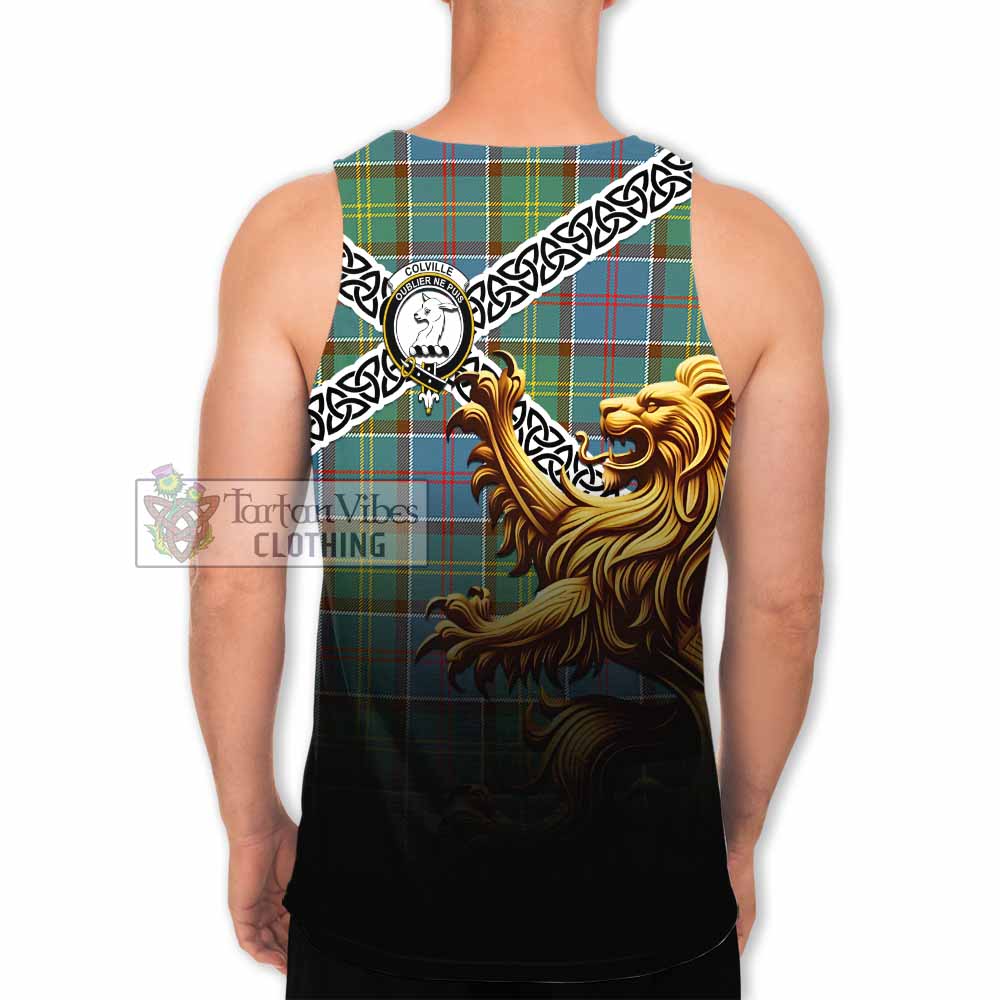 Tartan Vibes Clothing Colville Crest Tartan Men's Tank Top with Golden Lion Emblem Celtic Style