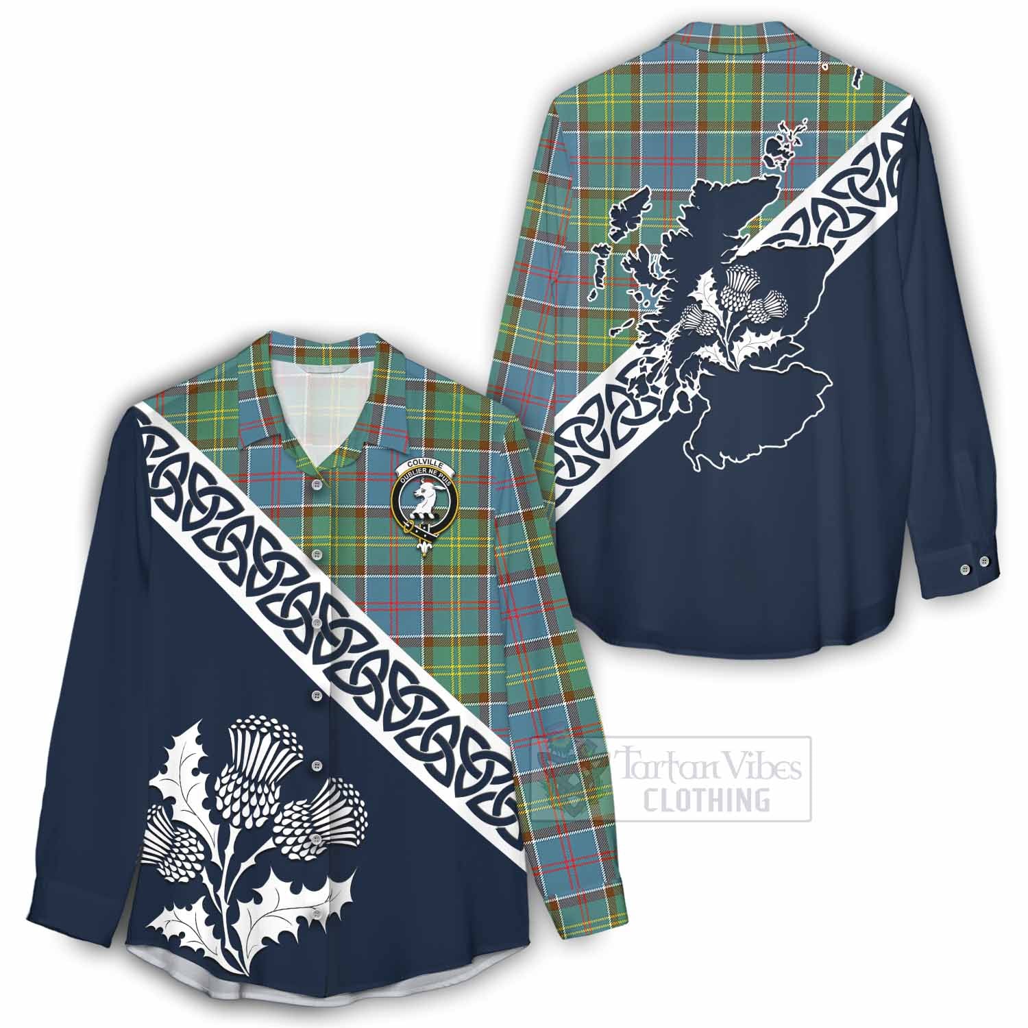 Tartan Vibes Clothing Colville Tartan Women's Casual Shirt Featuring Thistle and Scotland Map