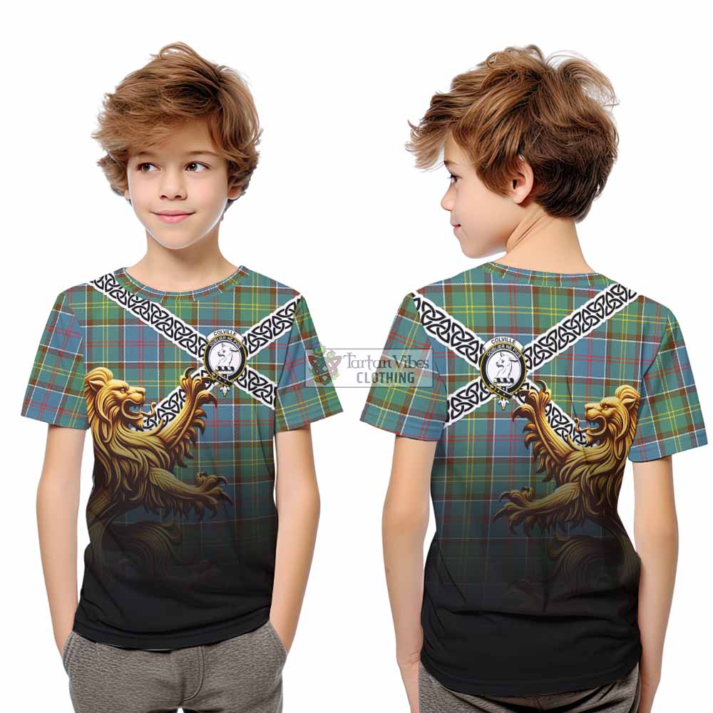 Tartan Vibes Clothing Colville Crest Tartan Kid T-Shirt with Golden Lion Emblem Celtic Style