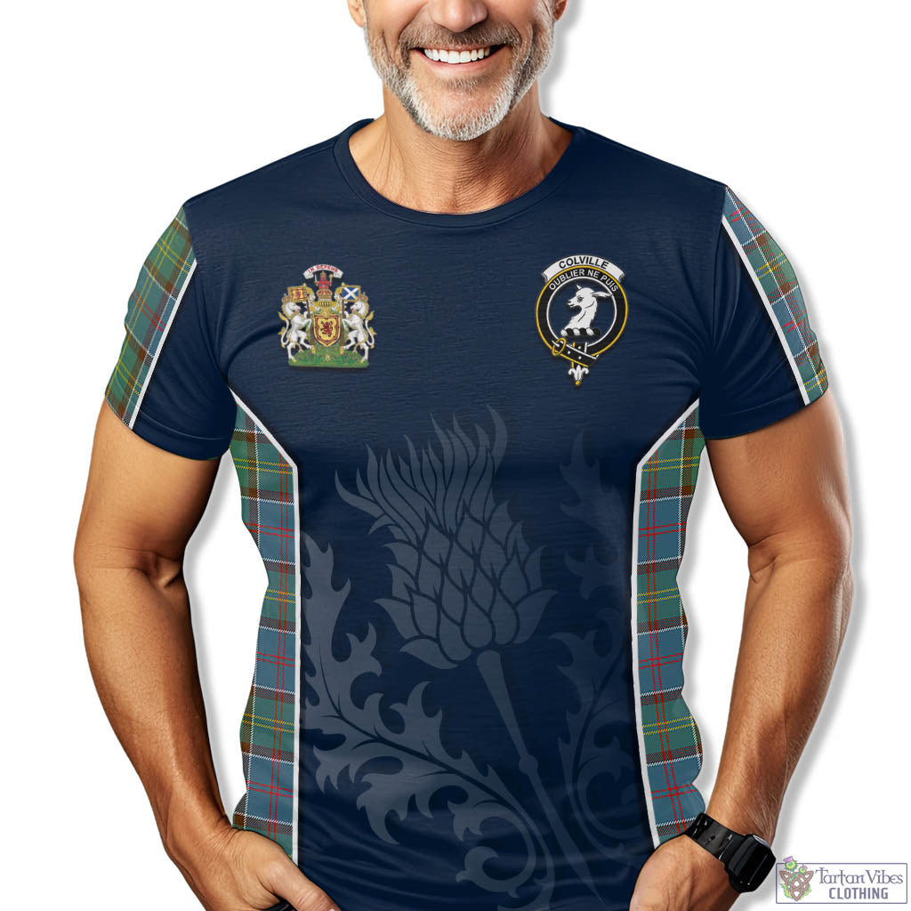 Tartan Vibes Clothing Colville Tartan T-Shirt with Family Crest and Scottish Thistle Vibes Sport Style