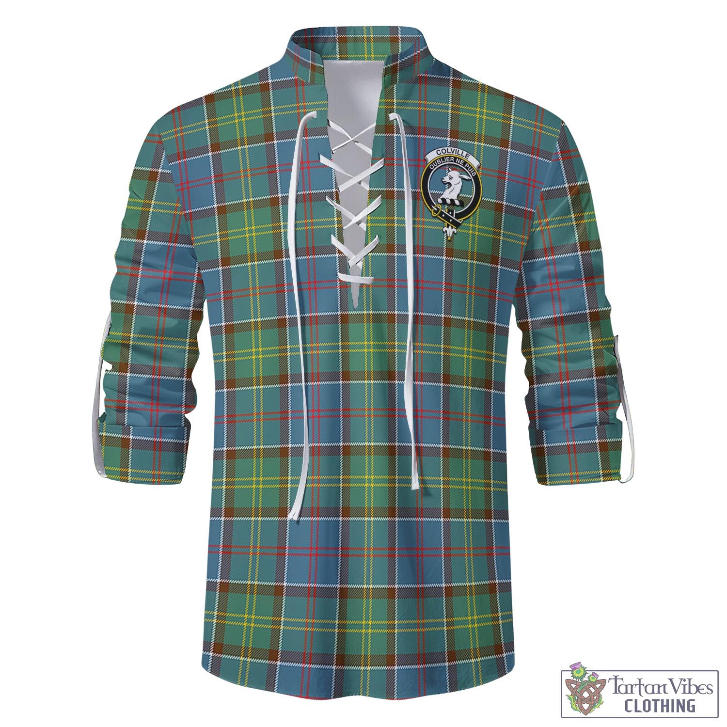 Tartan Vibes Clothing Colville Tartan Men's Scottish Traditional Jacobite Ghillie Kilt Shirt with Family Crest