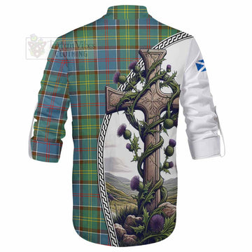 Tartan Vibes Clothing Colville Tartan Ghillie Kilt Shirt with Family Crest and St. Andrew's Cross Accented by Thistle Vines