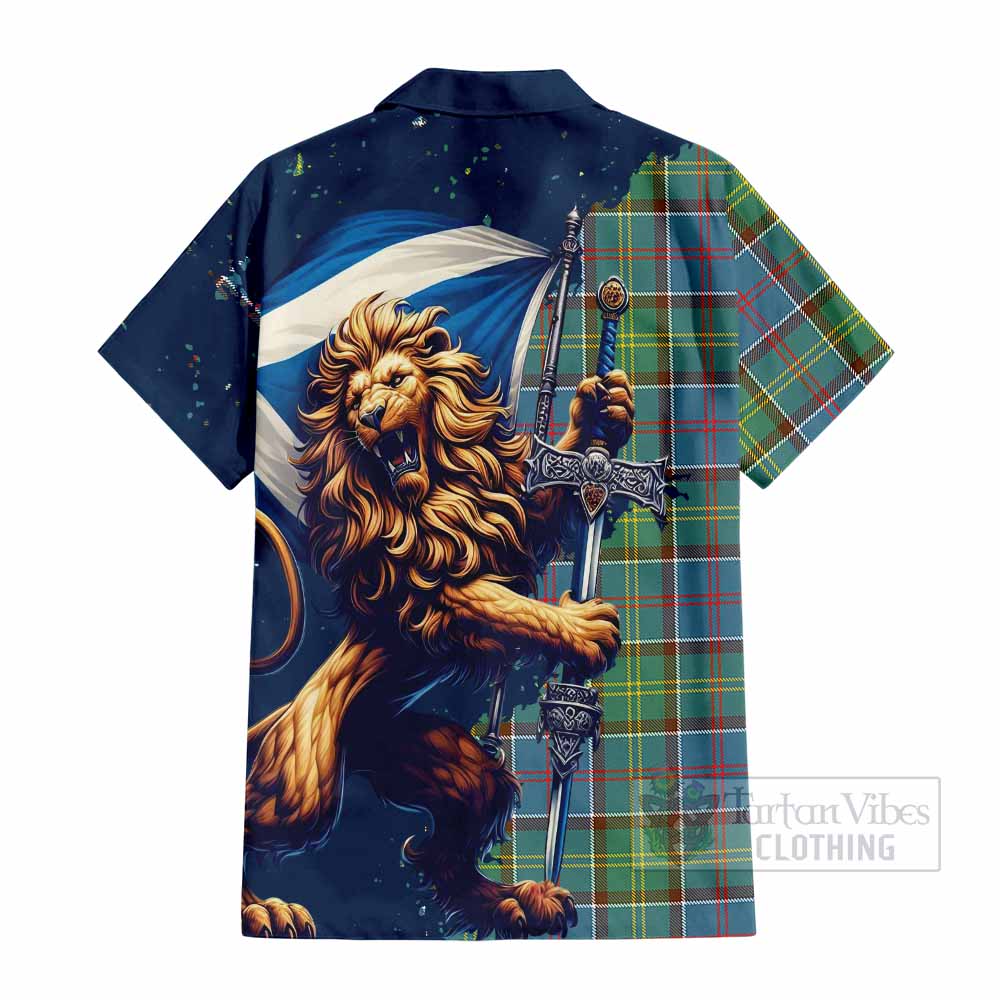 Tartan Vibes Clothing Colville Tartan Family Crest Short Sleeve Button Shirt with Scottish Majestic Lion