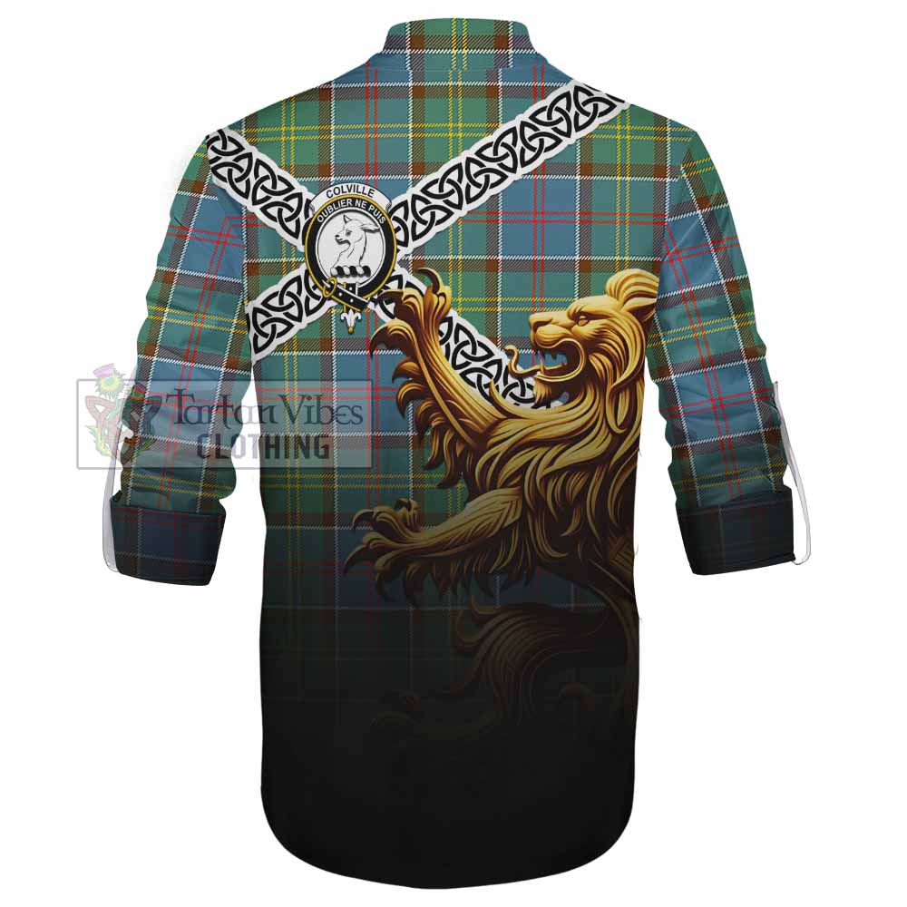 Tartan Vibes Clothing Colville Crest Tartan Ghillie Kilt Shirt with Golden Lion Emblem Celtic Style
