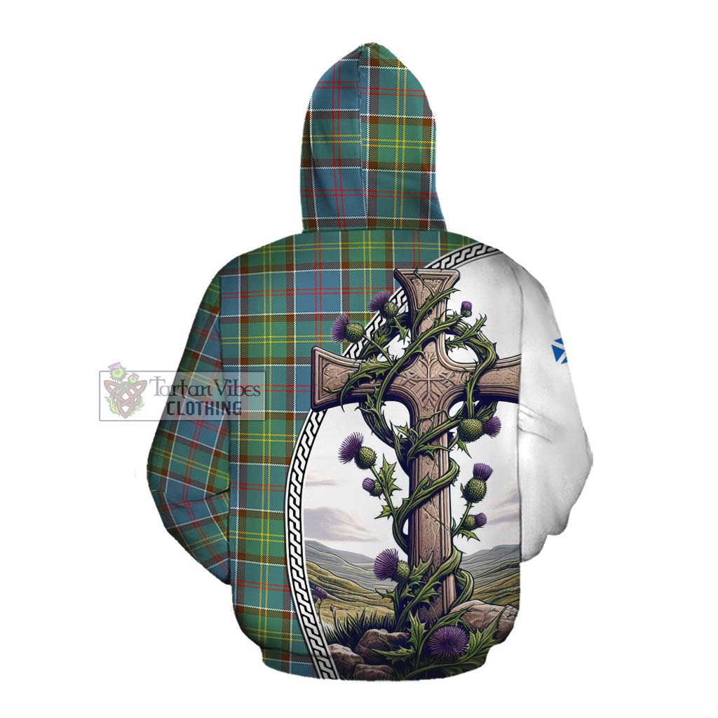 Tartan Vibes Clothing Colville Tartan Cotton Hoodie with Family Crest and St. Andrew's Cross Accented by Thistle Vines
