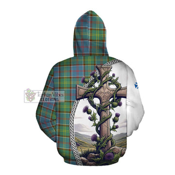 Tartan Vibes Clothing Colville Tartan Cotton Hoodie with Family Crest and St. Andrew's Cross Accented by Thistle Vines