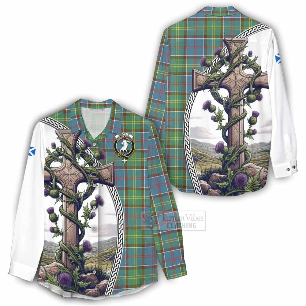 Tartan Vibes Clothing Colville Tartan Women's Casual Shirt with Family Crest and St. Andrew's Cross Accented by Thistle Vines