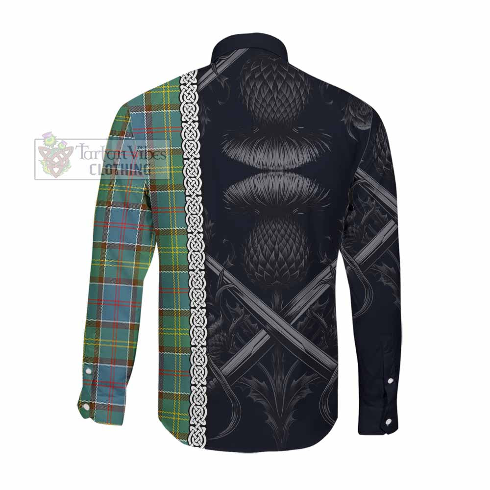 Tartan Vibes Clothing Colville Tartan Long Sleeve Button Shirt with Family Crest Cross Sword Thistle Celtic Vibes