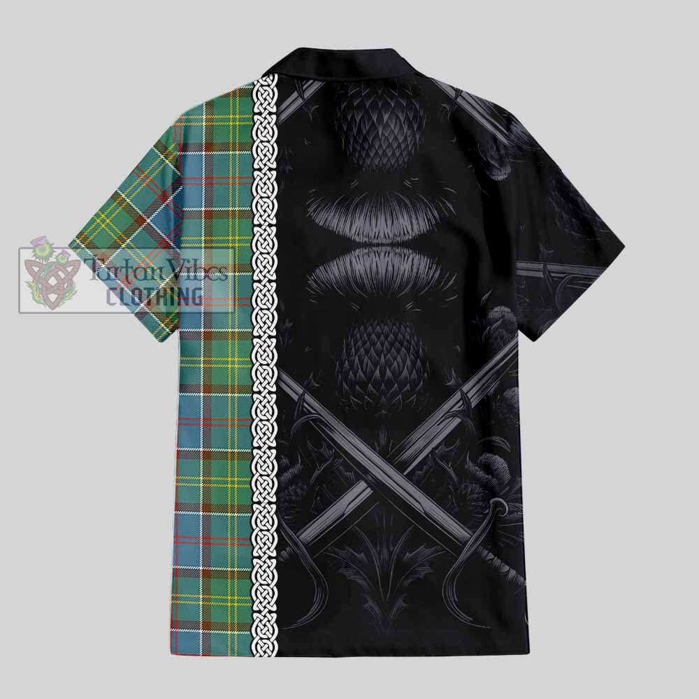 Tartan Vibes Clothing Colville Tartan Short Sleeve Button Shirt with Family Crest Cross Sword Thistle Celtic Vibes