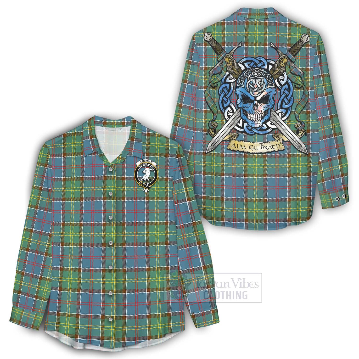 Tartan Vibes Clothing Colville Tartan Women's Casual Shirt with Family Crest Celtic Skull Style