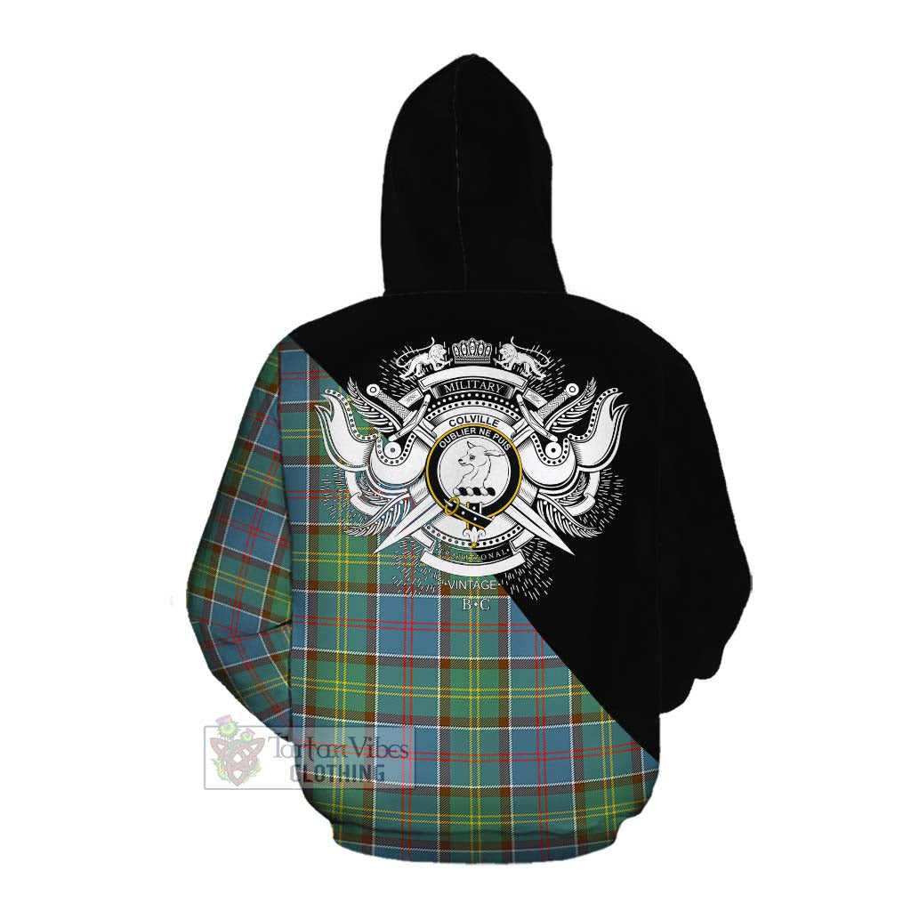 Tartan Vibes Clothing Colville Tartan Cotton Hoodie with Family Crest and Military Logo Style
